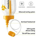 Medela Supplemental Nursing System with advanced venting, anti-leak TwistLok lid, soft silicone tubing, and flow control.