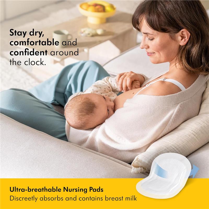 Medela Ultra-Breathable Nursing Pads displayed with a mother breastfeeding her baby, promoting comfort and discretion.