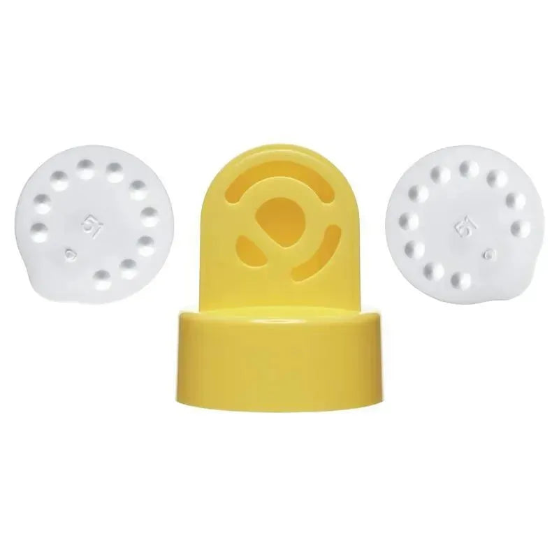 Medela 2Pk Spare Valves and Membranes set includes two white valves and a yellow membrane holder for breast pump maintenance.