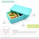 Blue mint silicone bento box with removable dividers and two compartments, filled with pasta and vegetables.