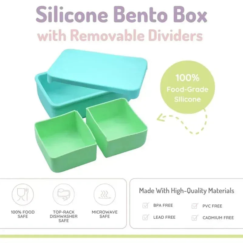 Silicone bento box in blue mint with two green removable dividers, labeled 100% food-grade silicone, features safety icons.