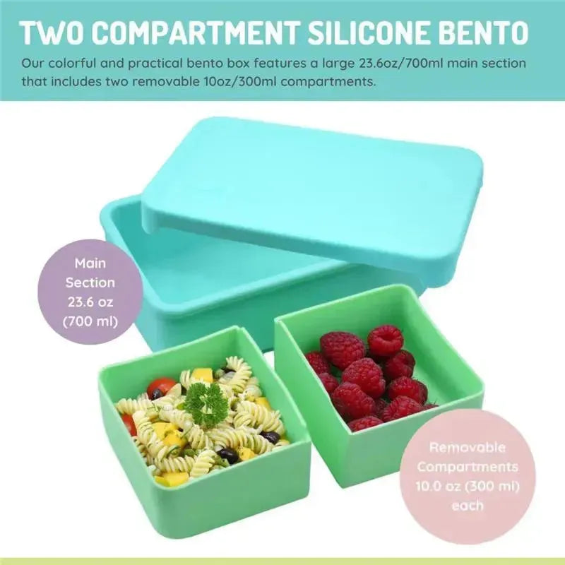 100% silicone bento box in blue mint, with a main compartment (23.6 oz) and two removable compartments (10 oz each) filled with food.