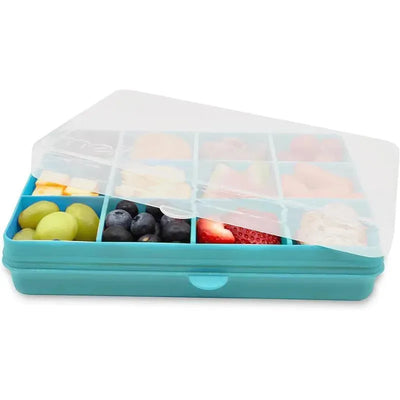Blue Melii snack container with 12 compartments, containing various fruits and snacks, partially covered by a clear lid.