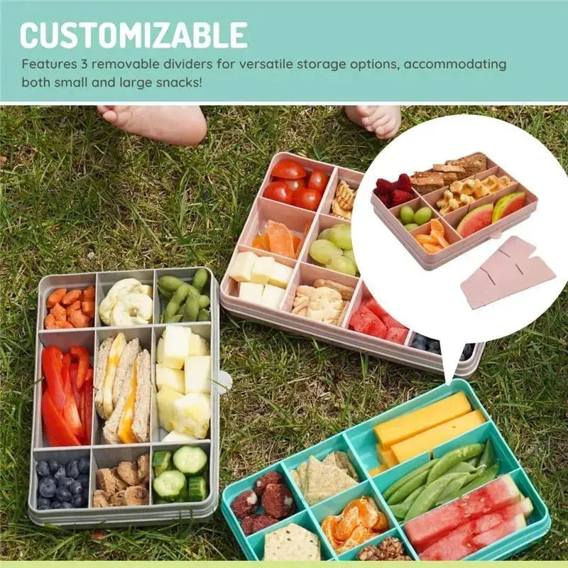 Blue snack container with 12 compartments and 3 removable dividers, displaying assorted fruits, vegetables, and snacks.