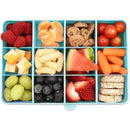 Twelve compartment snack container in blue with assorted fruits, vegetables, and snacks neatly arranged inside.
