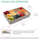 Grey snack container with 12 compartments, filled with various fruits and snacks, displaying dimensions and features.