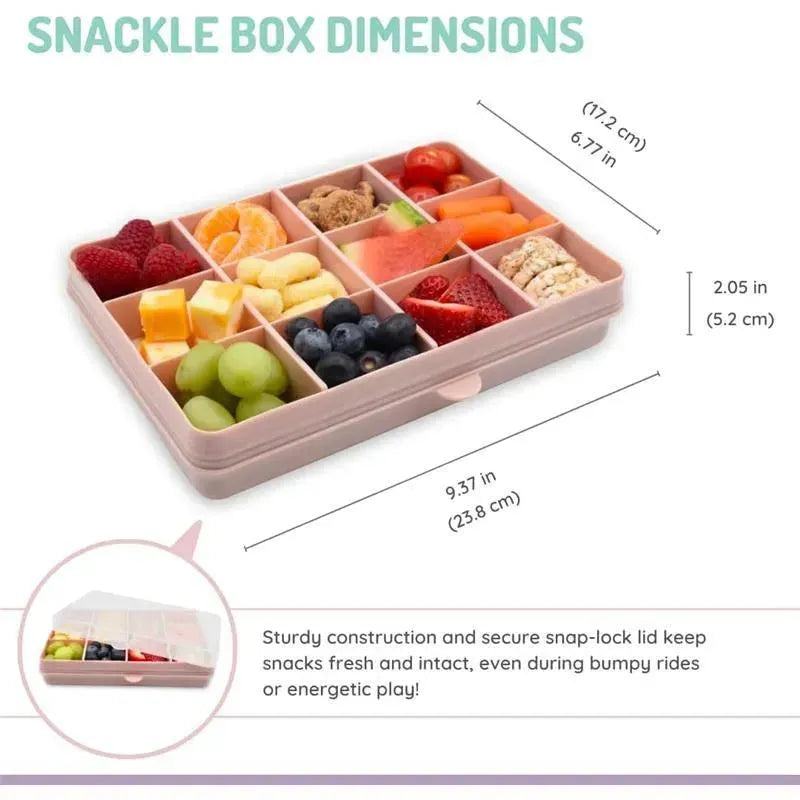 Melii pink snack container with 12 compartments, filled with fruits, snacks, and dimensions displayed.
