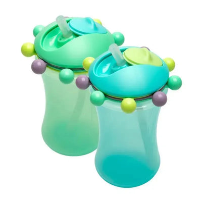 Sippy cups in blue and mint colors with a playful bead design and flexible straws, packaged as a two-pack.