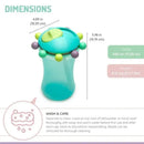 Sippy cup with a mint and pink design, holds 340 ml, includes colorful beads, dimensions listed.
