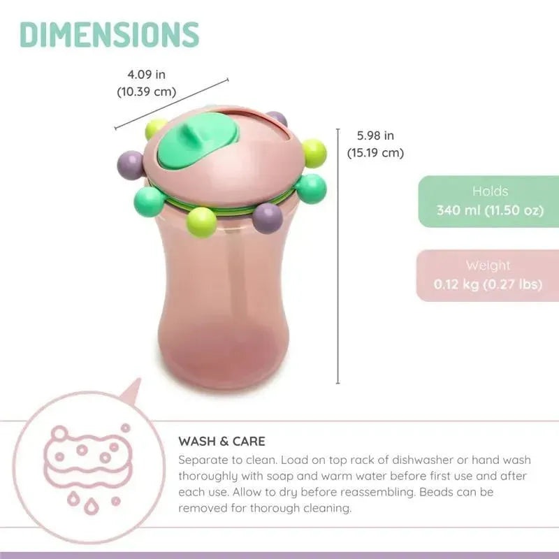 Melii - 2Pk Abacus Straw Sippy Cup in mint and pink, featuring a playful design and dimensions for cleaning instructions.