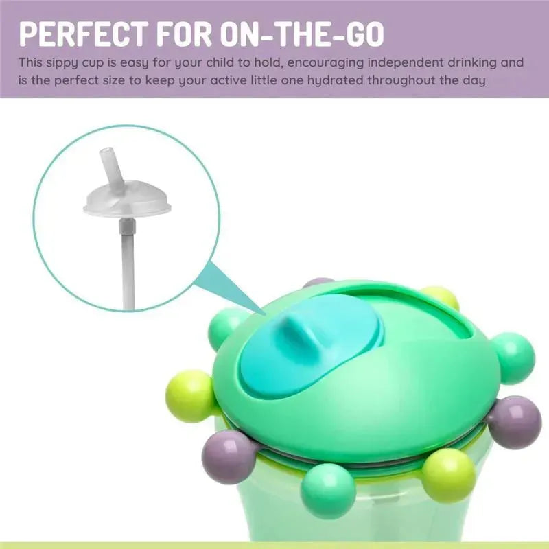 Mint and pink Melii sippy cup with a soft straw, designed for children to promote independent drinking.