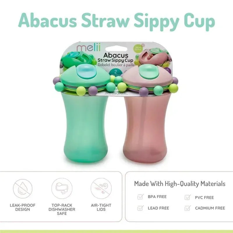 Two Melii Abacus Straw Sippy Cups in mint green and pink, featuring a leak-proof design and air-tight lids.