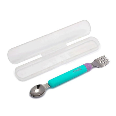 Two-pack of Melii sporks in blue and purple colors, featuring a spoon and fork combination, with a clear carrying case.
