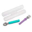 Blue and purple spork set by Melii, including a spoon and fork, in a clear carrying case.