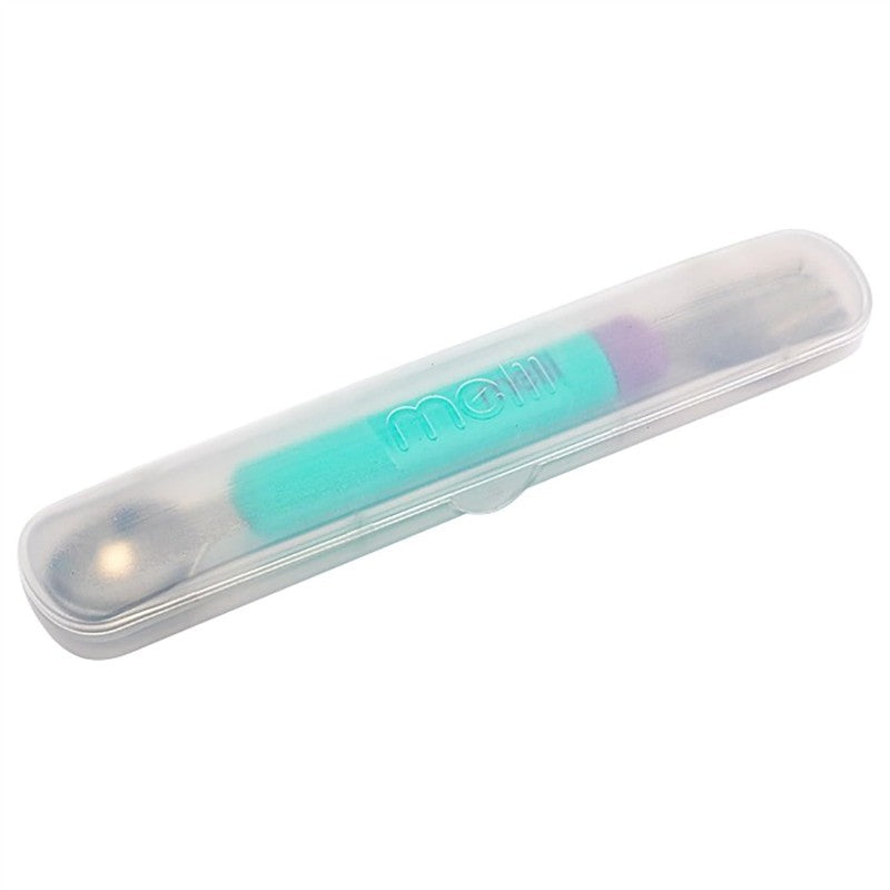 Two-pack of Melii blue and purple sporks in a clear case designed for on-the-go use.