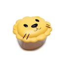 Yellow lion-shaped snack container from Melii, designed for kids, with a smiling face and soft details.
