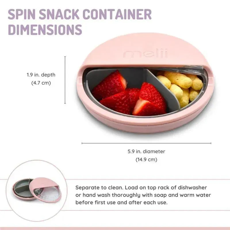 Three-compartment pink snack container with strawberries and cereal, detailing dimensions and cleaning instructions.