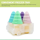 Melii Ice Cream Pops freezer tray with colorful ice cream cone molds in a truck design, keeping pops upright for even freezing.