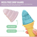 Melii Ice Cream Pops feature a blue frozen treat in a cone-shaped base, promoting a mess-free experience with an easy release design.