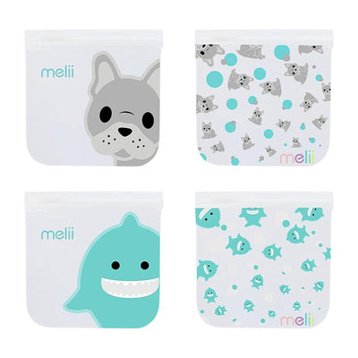 Reusable sandwich and snack bags featuring two cat designs and two shark designs in playful colors.