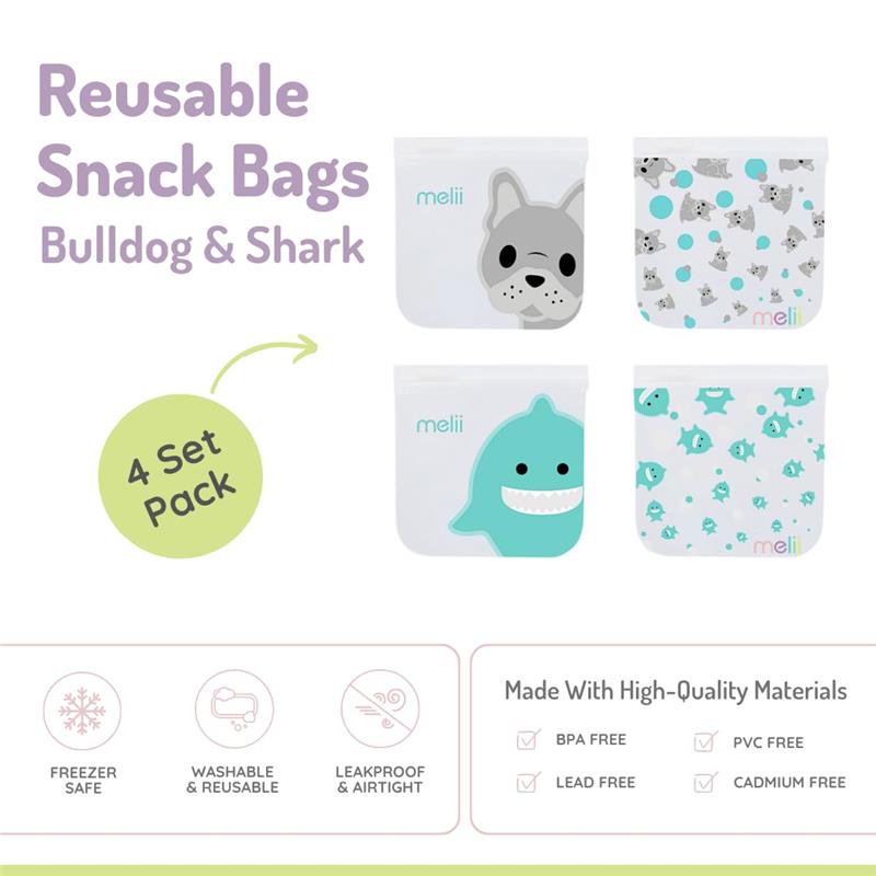Reusable snack bags featuring a bulldog and shark design, in a 4-pack set, ideal for kids and adults.