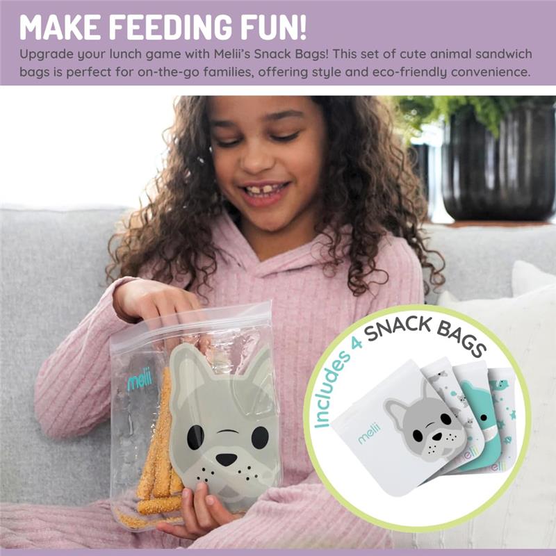 Reusable sandwich and snack bags featuring cat and unicorn designs, with a girl happily holding one bag of snack sticks.