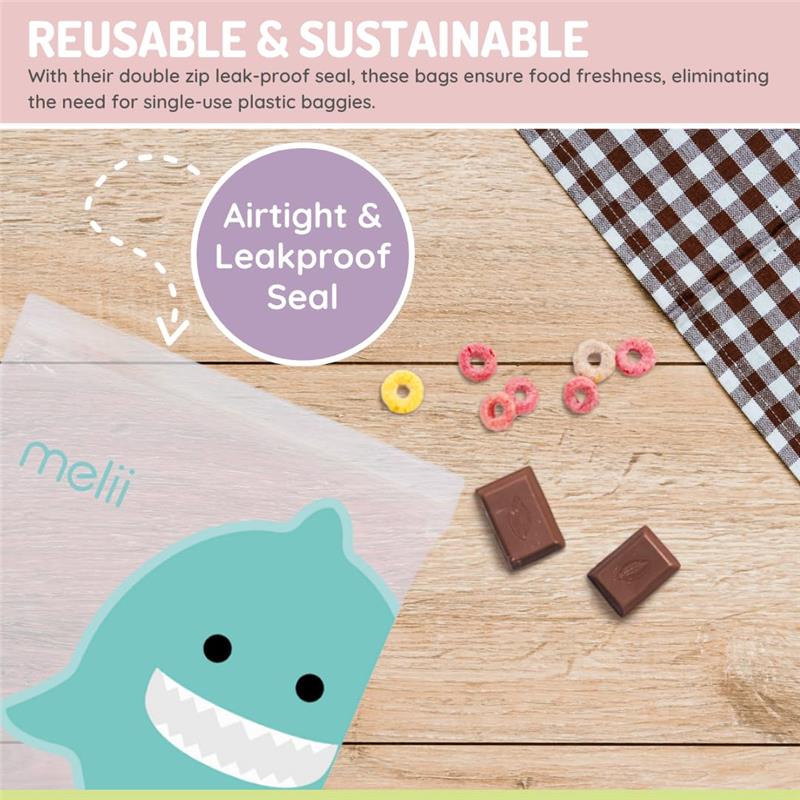 Reusable and sustainable Melii sandwich and snack bags featuring a cat and unicorn design, with an airtight leakproof seal.