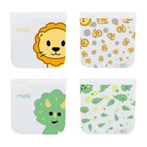 Reusable sandwich and snack bags featuring two designs each of a lion and a dinosaur, suitable for kids and adults.