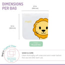 Reusable sandwich and snack bag featuring a lion design, with dimensions of 8.1 inches, weighing 132 g.