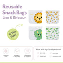 Reusable snack bags set featuring two lion designs and two dinosaur designs, marked BPA, PVC, and lead-free.
