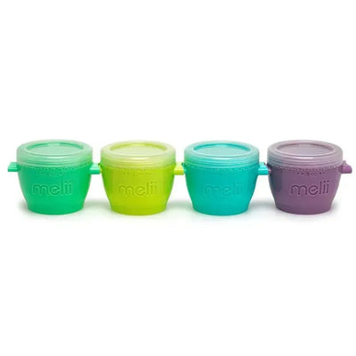 Four colorful Melii 6 oz baby food storage containers with lids, featuring green, yellow, turquoise, and purple colors.
