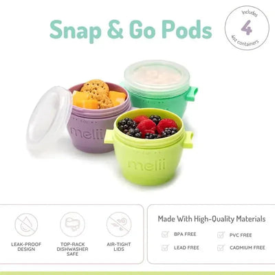 Multicolored Melii Snap & Go baby food containers, 4 oz, with lids, featuring fruits and snacks, leak-proof and dishwasher safe.