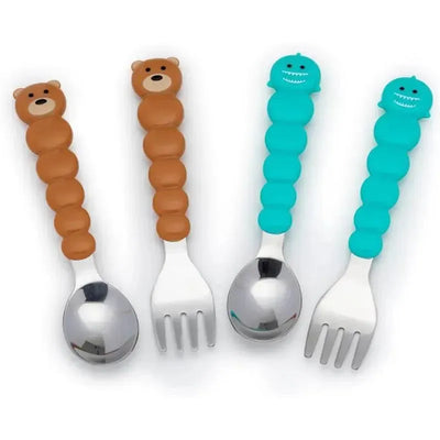 Toddler and kid feeding utensil set featuring four spoons and forks with bear and shark designs.