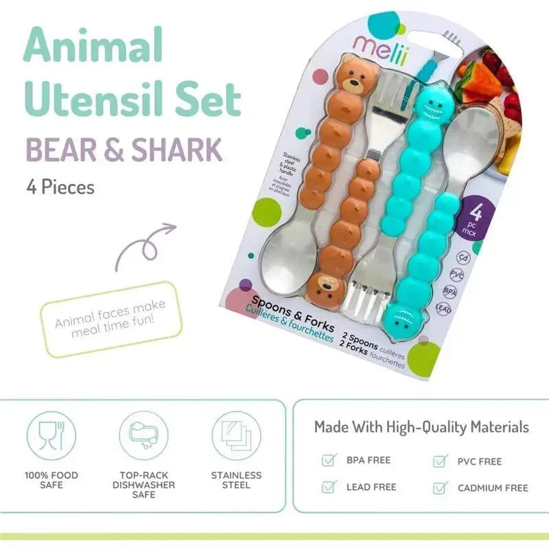 Toddler feeding spoon and fork set featuring bear and shark designs, includes two spoons and two forks.