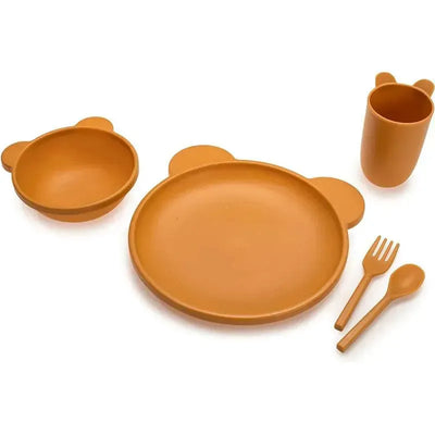 5-piece feeding meal set in bear design includes a plate, bowl, cup, fork, and spoon, all in a warm brown color.