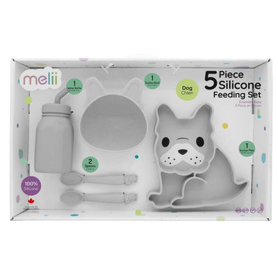 5-piece silicone feeding set for dogs, includes a suction plate, bowl, water bottle, and 2 spoons, all in gray.