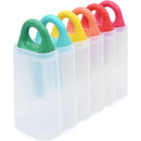 Six colorful ice pop molds in a clear tray with green, blue, yellow, orange, pink, and red handles.