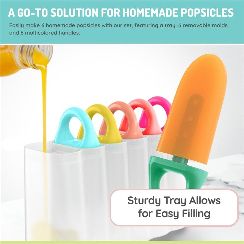 Six colorful ice pop molds sit in a tray, with orange juice being poured into one mold, showcasing a fun and easy way to make popsicles.