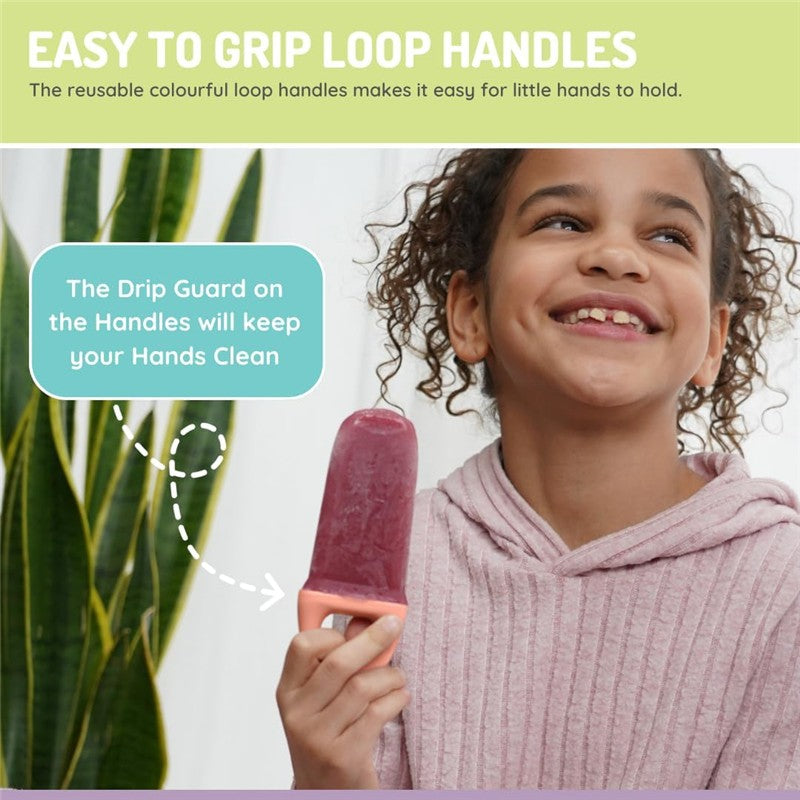 A girl smiles while holding a purple ice pop with a colorful loop handle, highlighting its easy grip and drip guard feature.