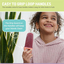 A girl smiles while holding a purple ice pop with a colorful loop handle, highlighting its easy grip and drip guard feature.