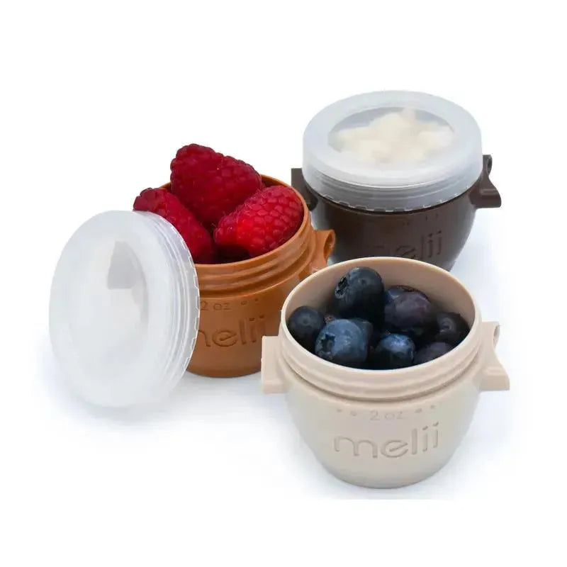 Melii 6-pack snap containers in neutral colors, each holding fruits: raspberries and blueberries in 2 oz pods.