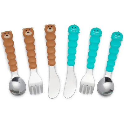6-piece toddler feeding utensil set featuring bear and shark designs, includes spoon, fork, and knife with colorful handles.