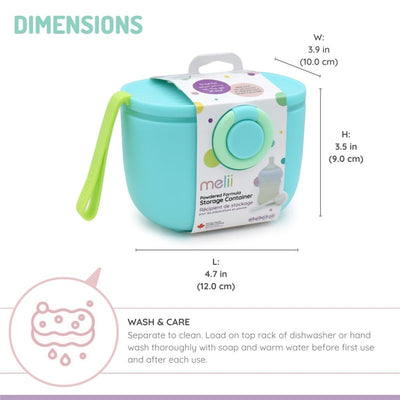 400ml blue Melii baby formula storage container with scoop, labeled with care instructions and dimensions.