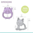 Two baby teethers in the shapes of a cat and bulldog, made of 100% food-grade silicone with various textures.
