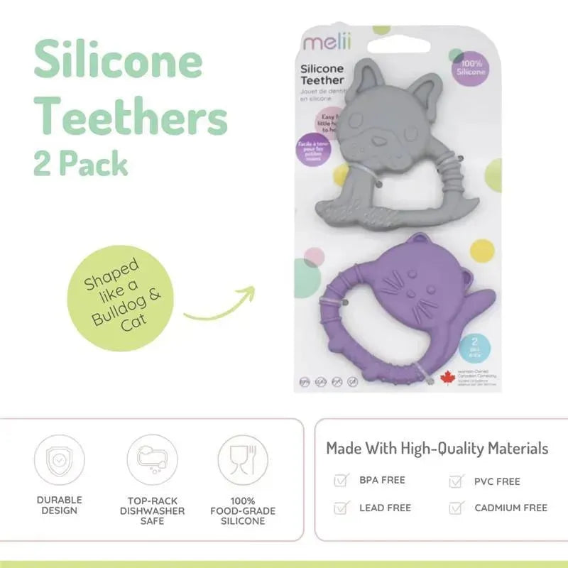 Two silicone baby teethers shaped like a bulldog and a cat, featuring multiple textures; BPA free.