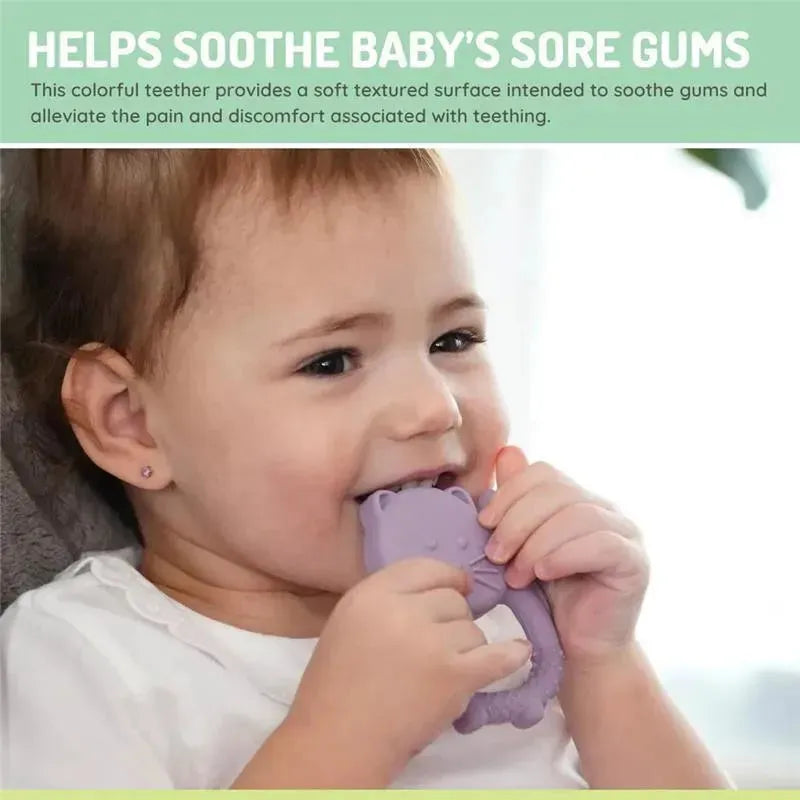 Colorful silicone teether featuring a cat design, being used by a baby to soothe sore gums while teething.