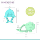 Two baby teethers shaped like a shark and a dinosaur, made of 100% food-grade silicone, featuring multiple textures. Dimensions included.