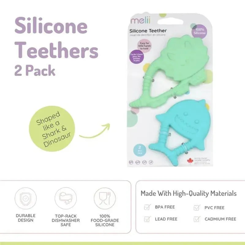 Baby teethers shaped like a dinosaur and shark, made of 100% food-grade silicone, BPA free, packaged in a two-pack.