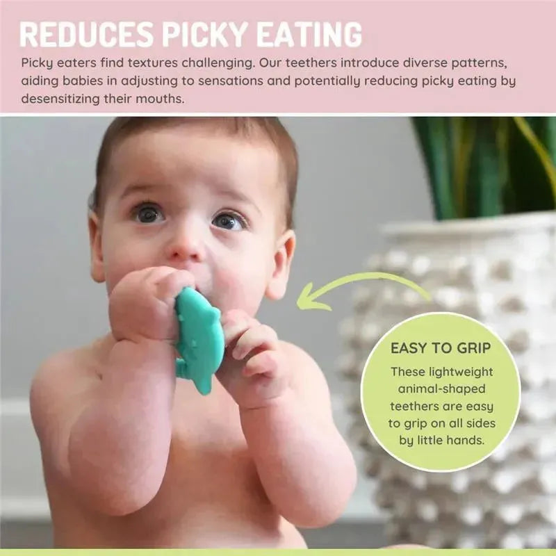 Baby holding a teal silicone teether shaped like a dinosaur, promoting sensory adaptation and reducing picky eating.