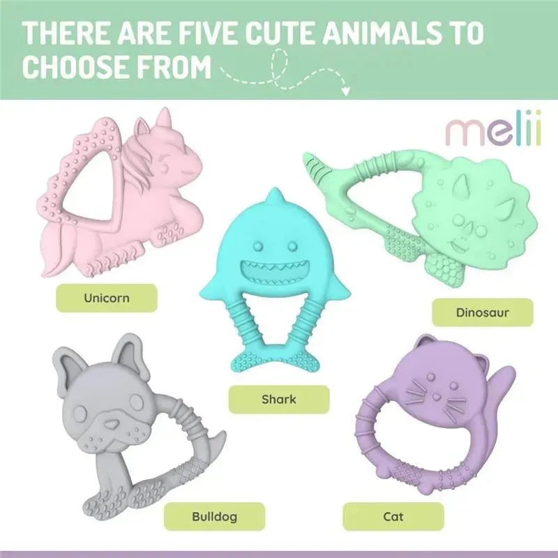 Five colorful baby teethers displayed: unicorn, shark, dinosaur, bulldog, and cat, all made from food-grade silicone.